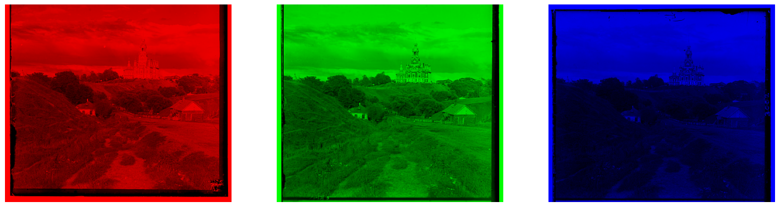 Negatives of Cathedral Image with Red, Green, Blue filters, respectively